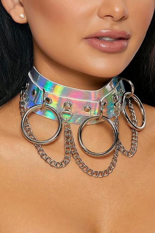 Choker Breed Zilver Ringen Holografisch Iridescent Collar Ha, Sieraden, Tassen en Uiterlijk, Kettingen, Zilver, Nieuw, Verstelbaar