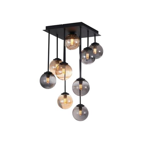 Moderne plafondlamp zwart met amber en smoke glas 9-lichts -, Huis en Inrichting, Lampen | Plafondlampen, Nieuw, Metaal