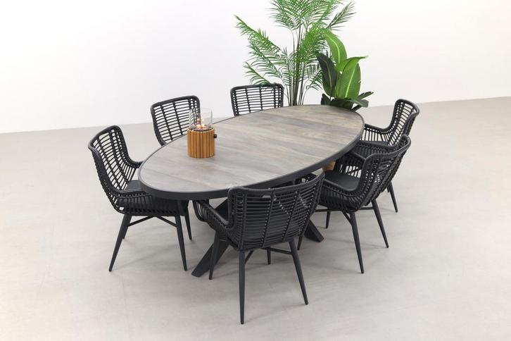 VDG Jasmine Black/Silva houtlook 240x115 cm. ovale tuinset -, Tuin en Terras, Tuinsets en Loungesets, Tuinset, Nieuw, Wicker, Verzenden