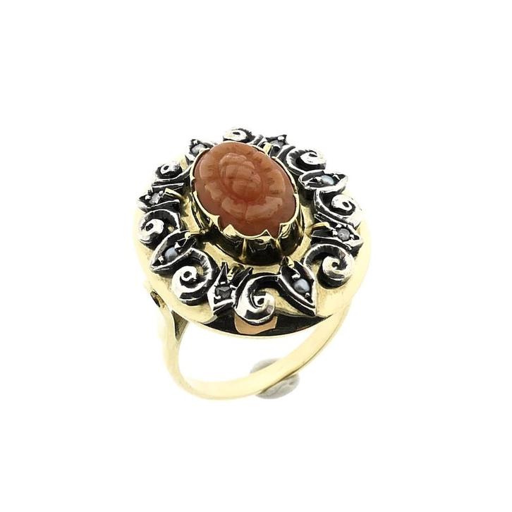 Goud met zilveren ring met bloedkoraal, parelmoer en diam..., Sieraden, Tassen en Uiterlijk, Ringen, Dame, Met edelsteen, Overige kleuren