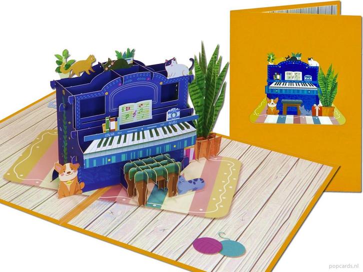 Gezellige pop-up kaart Piano met Katten, Hondje &amp; Sansevi..., Diversen, Wenskaarten, Verzenden