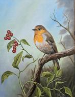 John Bijl (1951) - Roodborstje op een tak met rode bessen.