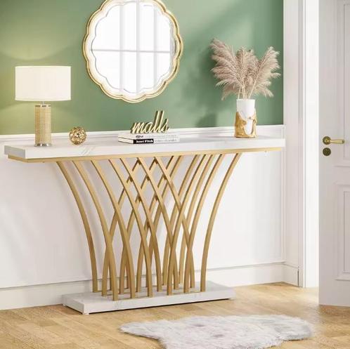 Gouden Consoletafel Marmerlook – Rasterframe, 150 cm, Antiek en Kunst, Antiek | Meubels | Tafels, Verzenden