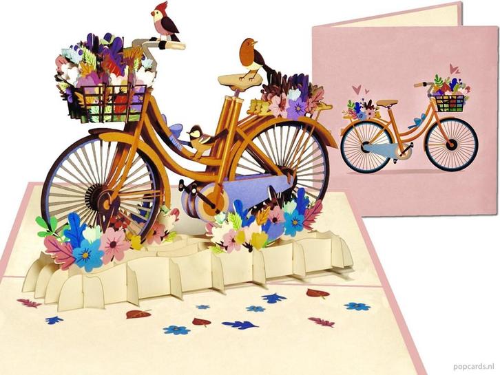 Fraai versierde Fiets met Bloemen & Vogeltjes pop-up kaart, Diversen, Wenskaarten, Verzenden