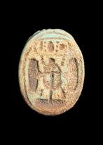 Oud-Egyptisch Blue Faience Skarabee met een gevleugelde, Antiek en Kunst