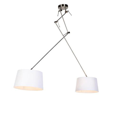 Hanglamp staal met linnen kappen wit 35 cm 2-lichts - Blitz, Huis en Inrichting, Lampen | Hanglampen, Nieuw, Overige materialen