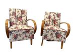 Paar Halabala H-237 stoelen gerestaureerd, wit met bloemen, Antiek en Kunst