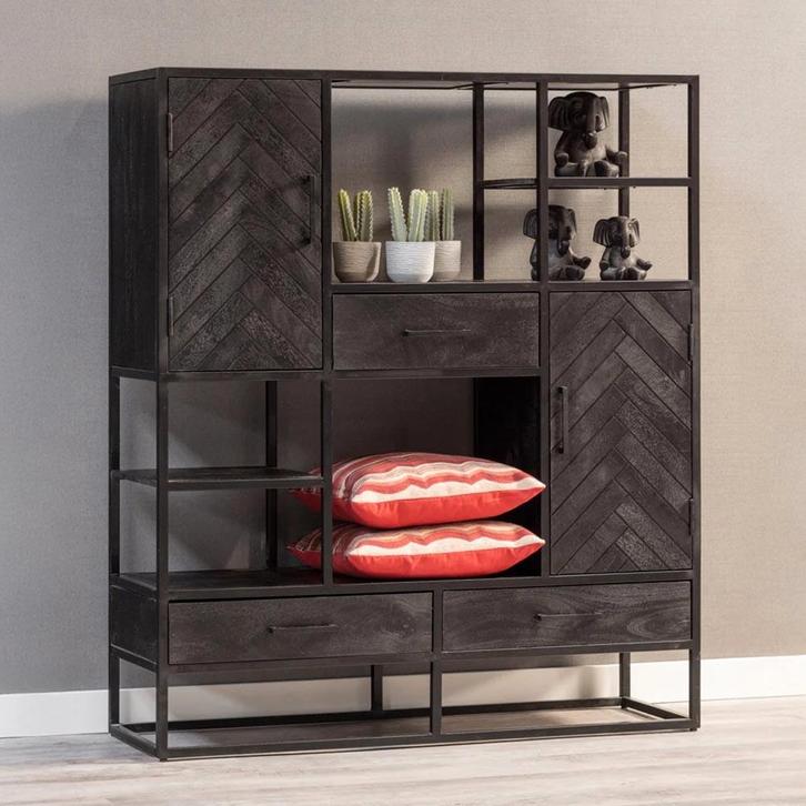 Vakkenkast Mangohout Kjeld 120 Zwart, Huis en Inrichting, Kasten | Boekenkasten, 25 tot 50 cm, Nieuw, Overige houtsoorten, 100 tot 150 cm