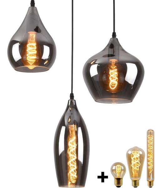 HeyHeaven® Smoke Glas Hanglamp 3 Lichts - Druppel vorm, Huis en Inrichting, Lampen | Hanglampen, 50 tot 75 cm, Nieuw, Glas, Metaal
