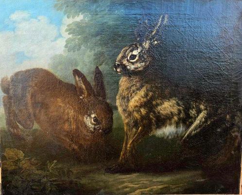 Scuola franco-fiamminga (XVIII) - Lepri in un Paesaggio, Antiek en Kunst, Kunst | Schilderijen | Klassiek