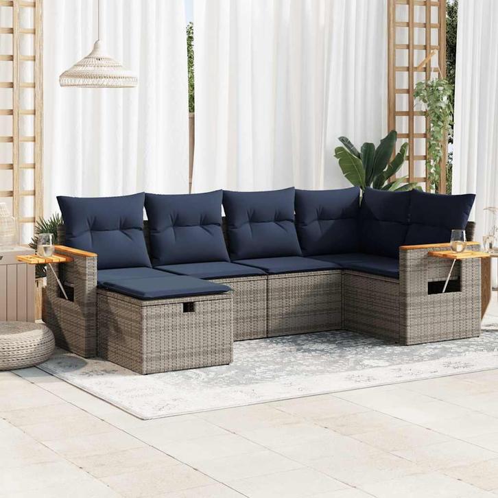 vidaXL 6-delige Loungeset met kussens poly rattan grijs, Tuin en Terras, Tuinsets en Loungesets, Loungeset, Nieuw, 5 zitplaatsen