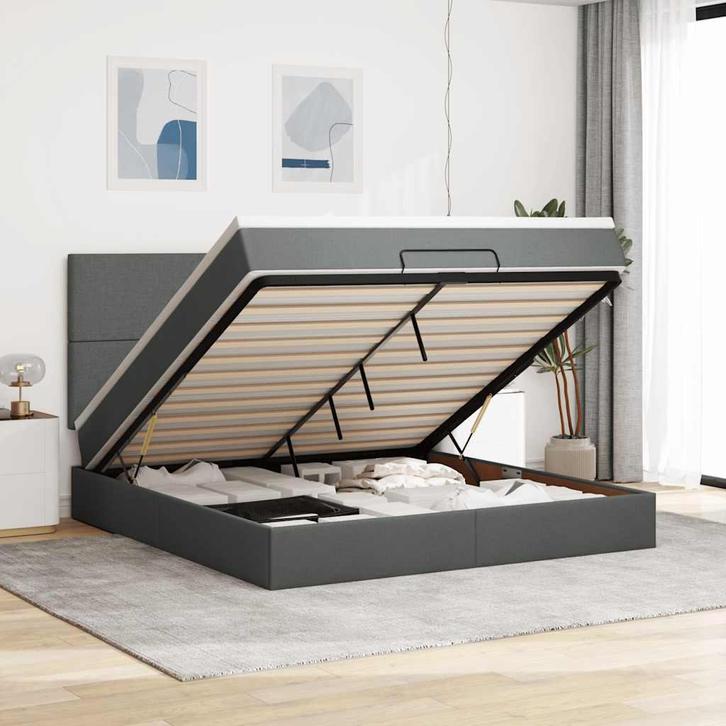 vidaXL Ottoman bed met matras en LEDs 160x200cm stof, Huis en Inrichting, Slaapkamer | Bedden, 160 cm, 200 cm, Grijs, Tweepersoons