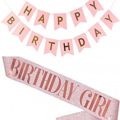 Sjerp en slinger set Birthday Girl en Happy Birthday rose go, Hobby en Vrije tijd, Feestartikelen, Verjaardag, Nieuw, Versiering