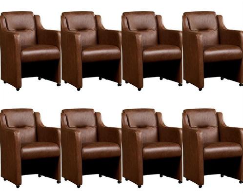 Set van 8 Bruine leren landelijke eetkamerfauteuils - Vintag, Huis en Inrichting, Stoelen, Vijf, Zes of meer stoelen, Overige kleuren