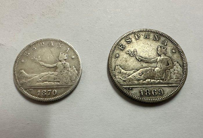 Spanje. 1 peseta 1870 SNM y 2 pesetas 1869 (Zonder, Postzegels en Munten, Munten | Europa | Niet-Euromunten