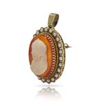 Broche 18 kt gouden en parel-koraal camee broche / hanger