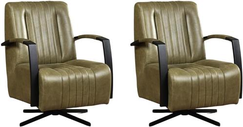 Olijfgroene leren industriële draaifauteuils - staal zwart, Huis en Inrichting, Fauteuils, 50 tot 75 cm, 75 tot 100 cm, Nieuw