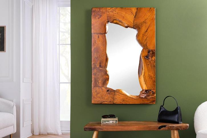 Massieve spiegel MOSAIK 90cm teakhouten vierkante boomstam, Huis en Inrichting, Woonaccessoires | Spiegels, Ophalen of Verzenden