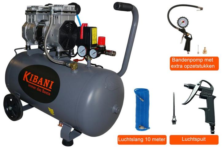 Kibani Super Stille Compressor 50 Liter + Luchtslang +, Tuin en Terras, Hand-tuingereedschap, Nieuw