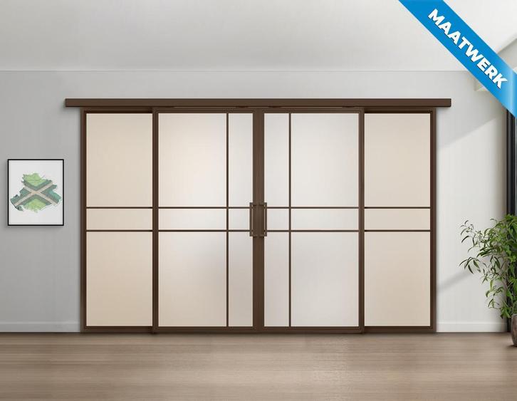 Dubbele stalen Schuifdeuren met koofsysteem en glaspanelen 6, Doe-het-zelf en Verbouw, Kozijnen en Schuifpuien, Nieuw, Inclusief glas