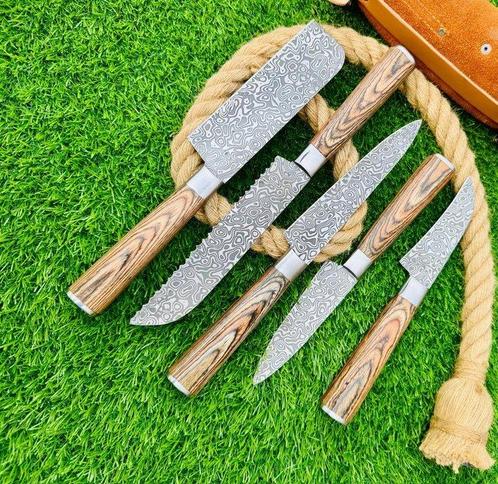 Gold Deer - 5 Piece professional knives set - Hammered Steel, Antiek en Kunst, Antiek | Keukenbenodigdheden