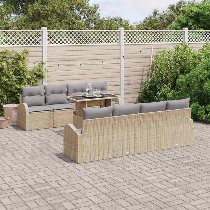 vidaXL Tuin Sofa Set met kussen met opslag 9 pcs Beige Poly, Tuin en Terras, Tuinsets en Loungesets, Nieuw, Rotan, Verzenden