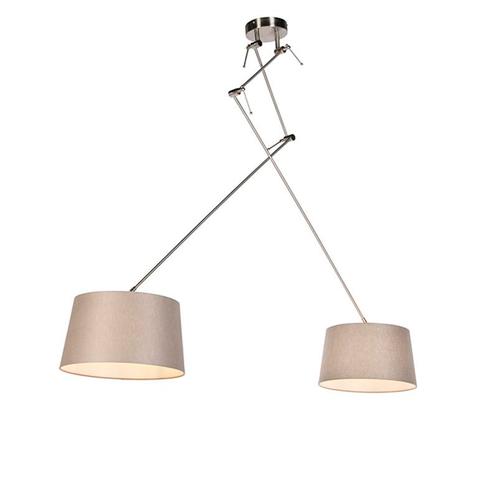 Hanglamp staal met linnen kappen taupe 35 cm 2-lichts  -, Huis en Inrichting, Lampen | Hanglampen, Nieuw, Overige materialen, 75 cm of meer