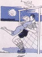 Vrouw omhelst voetballer op spotprent (lijst optie, Lithos), Verzenden