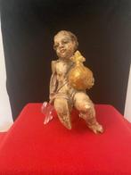 sculptuur - 22 cm - Polychroom houten putto met globe - 17e, Antiek en Kunst