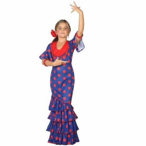 Spaanse verkleedjurk blauw met rood voor meisjes - Spaanse.., Kinderen en Baby's, Carnavalskleding en Verkleedspullen, Ophalen of Verzenden
