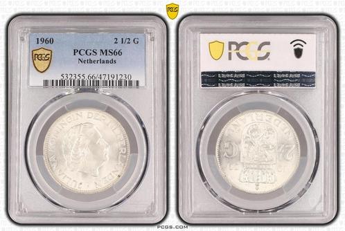 Koningin Juliana zilveren 2 1/2 gulden 1960 MS66 PCGS, Postzegels en Munten, Munten | Nederland, Losse munt, Zilver, Verzenden