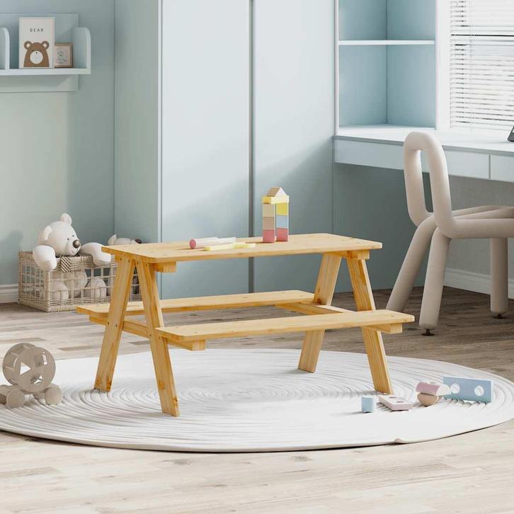 vidaXL Kindertafel met banken 90x79,5x50 cm massief hout, Huis en Inrichting, Tafels | Salontafels, 50 tot 100 cm, Nieuw, Grenenhout