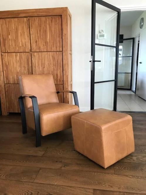 Leren fauteuil met stalen frame - met hocker - bruin leer -, Huis en Inrichting, Fauteuils, 50 tot 75 cm, 75 tot 100 cm, Nieuw