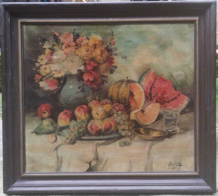 Szekely (XX) - Natura Morta con fiori, frutta, verdura ed un, Antiek en Kunst, Kunst | Schilderijen | Klassiek