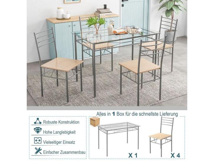 Coast Tafel met 4 stoelen - Glazen blad - Max. 20 kg - Grijs, Huis en Inrichting, Woonaccessoires | Overige, Nieuw, Verzenden