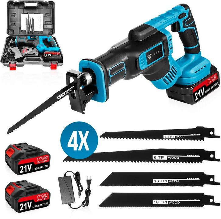 Vesto® Accu Reciprozaag – 21V Li-Ion – Incl. 2 Accu’s, Zaagb, Doe-het-zelf en Verbouw, Gereedschap | Handgereedschap, Nieuw, Verzenden