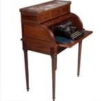 Frans cilinderbureautje in donker mahonie met donkerblauw le, Ophalen of Verzenden