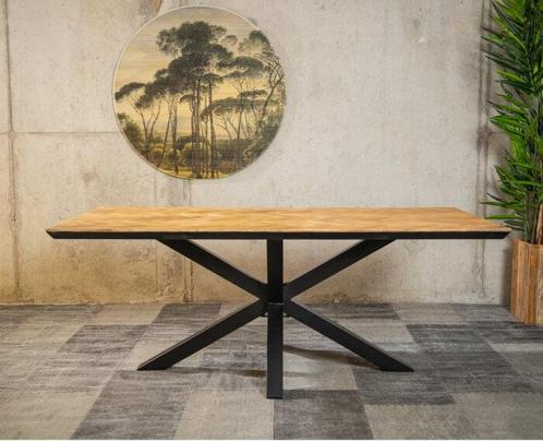 Eettafel Fishbone met kruispoot | Mangohout - 160x90 cm, Huis en Inrichting, Tafels | Eettafels, Nieuw, Ophalen of Verzenden