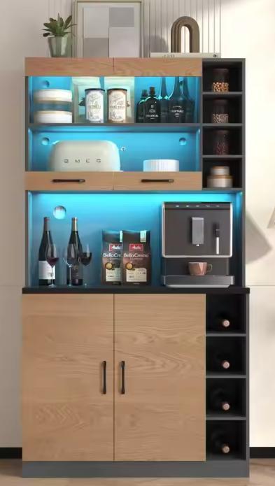 Keukenkast met LED &amp; Magnetronplank – 100×47×187 cm Hout, Huis en Inrichting, Keuken | Keukenelementen, Nieuw, Verzenden