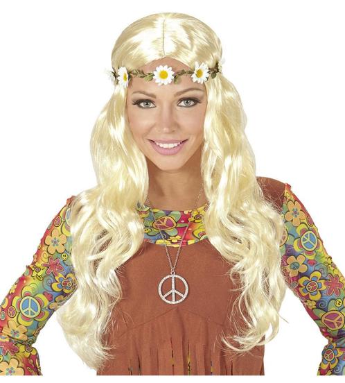 Hippie 60S Pruik Blond Met Bloemen Haarband, Hobby en Vrije tijd, Feestartikelen, Nieuw, Verzenden