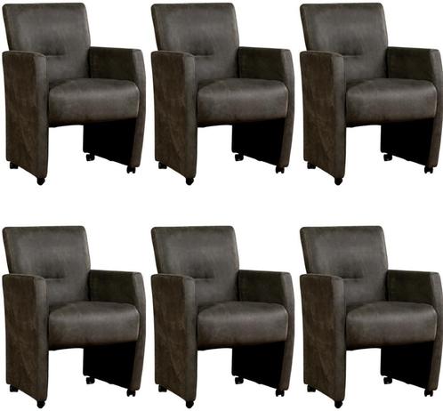 Set van 6 Donkergrijze leren moderne eetkamerfauteuils - Ken, Huis en Inrichting, Stoelen, Vijf, Zes of meer stoelen, Overige kleuren