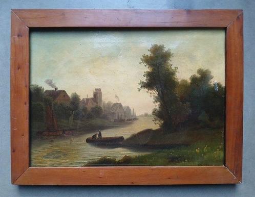 Britse school (XIX) - Romantisch landschap - bootje op, Antiek en Kunst, Kunst | Schilderijen | Klassiek
