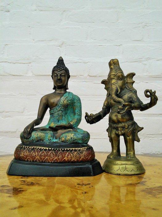 Beeld, 2 bronzen godenbeelden - Ganesha & Boeddha - 21 cm -, Antiek en Kunst, Kunst | Niet-Westerse kunst