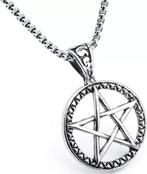 Lange heren ketting Gothic Pentagram rond zilverkleurig, Sieraden, Tassen en Uiterlijk, Kettingen, Nieuw, Overige materialen, Zilver