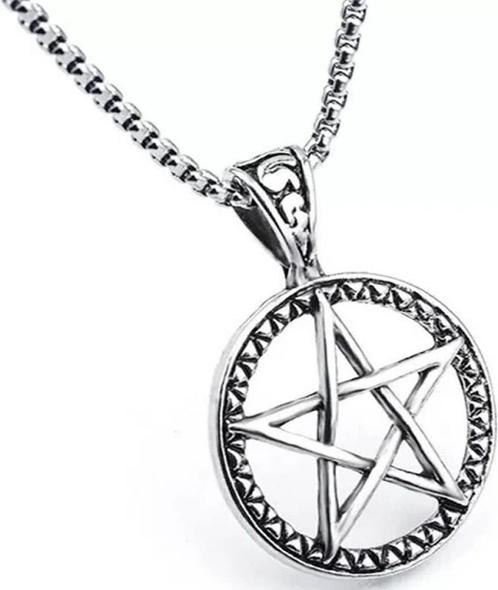 Lange heren ketting Gothic Pentagram rond zilverkleurig, Sieraden, Tassen en Uiterlijk, Kettingen, Zilver, Nieuw, Met hanger, Overige materialen