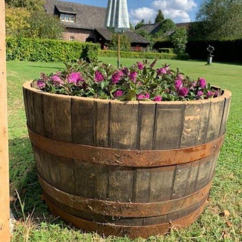 Plantenbak 1/2 wijnvat/whiskyvat (diverse modellen), Tuin en Terras, Bloembakken en Plantenbakken, Ophalen of Verzenden