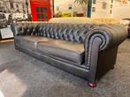 Chesterfield TOPDEAL  Zwart Leren 3.5 Zits Chesterfield Bank, Ophalen, Chesterfield, Leer, Zo goed als nieuw