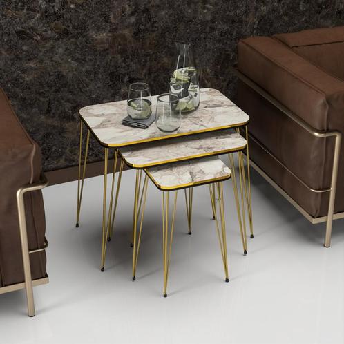 [en.casa] Bijzettafel Rudkøbing set van 3 marmer wit en goud, Huis en Inrichting, Tafels | Bijzettafels, Verzenden