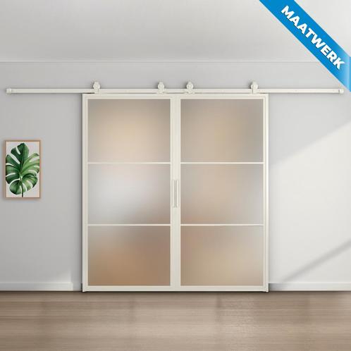 Dubbele stalen Schuifdeuren 3 Vlaks Wit Maatwerk Mat glas, Doe-het-zelf en Verbouw, Kozijnen en Schuifpuien, Nieuw, Inclusief glas