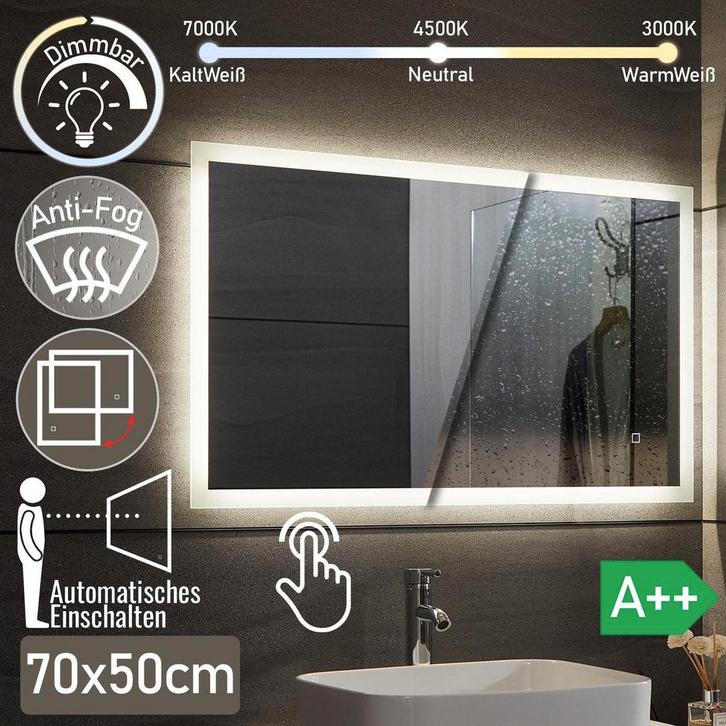 Aquamarin® Led-badkamerspiegel, 50 x 70 cm, condensvrij, dim, Huis en Inrichting, Overige Huis en Inrichting, Nieuw, Verzenden